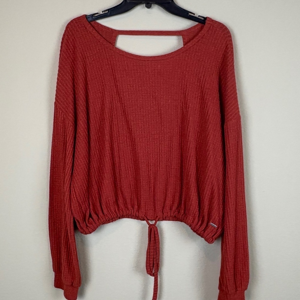 Hollister Orange/Rust Textured Long Sleeve Cropped Shirt with Elastic Tie Waist